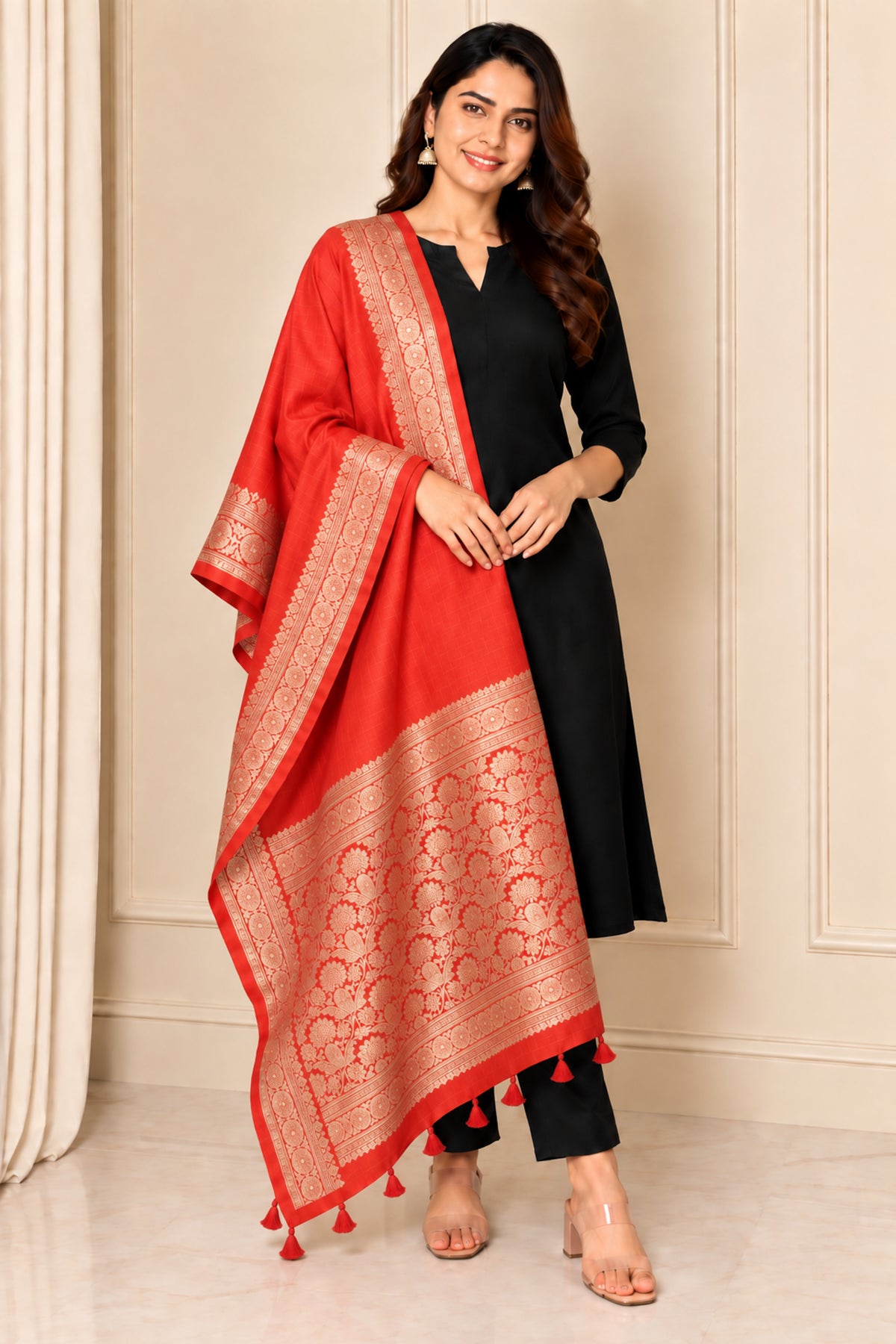 Plain Dyeing Dola Silk Dupatta With Full Nakshi Border & Tassels - 2.5 Mtr Length   -  SKU : ID11901A