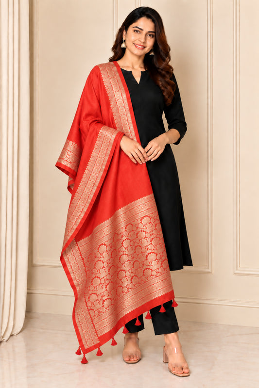 Plain Dyeing Dola Silk Dupatta With Full Nakshi Border & Tassels - 2.5 Mtr Length   -  SKU : ID11901A