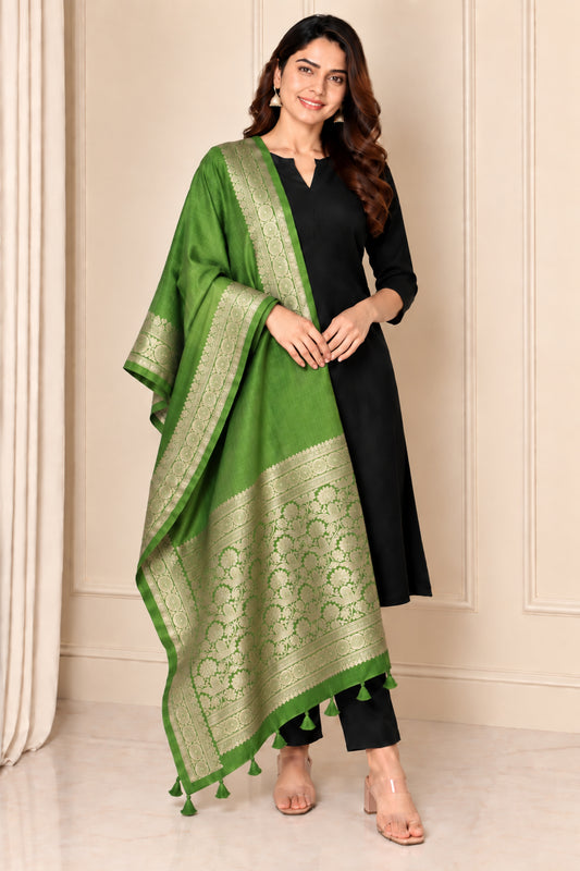 Plain Dyeing Dola Silk Dupatta With Full Nakshi Border & Tassels - 2.5 Mtr Length   -  SKU : AI15901H