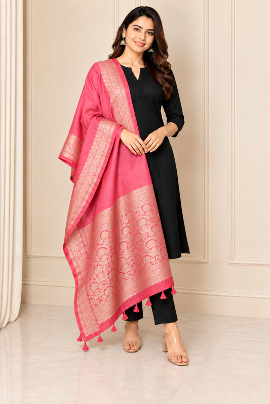 Plain Dyeing Dola Silk Dupatta With Full Nakshi Border & Tassels - 2.5 Mtr Length   -  SKU : AI15901B