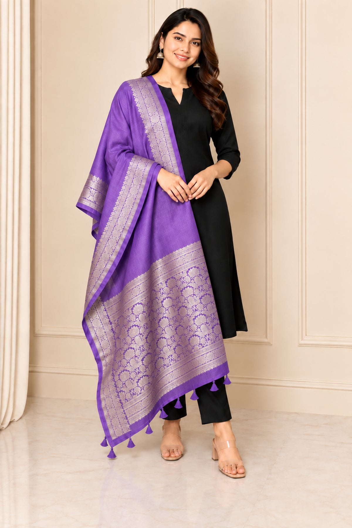Plain Dyeing Dola Silk Dupatta With Full Nakshi Border & Tassels - 2.5 Mtr Length   -  SKU : AI15901A