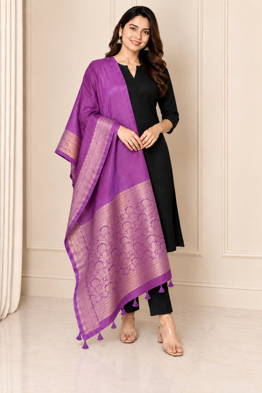 Plain Dyeing Dola Silk Dupatta With Full Nakshi Border & Tassels - 2.5 Mtr Length   -  SKU : AI15901O