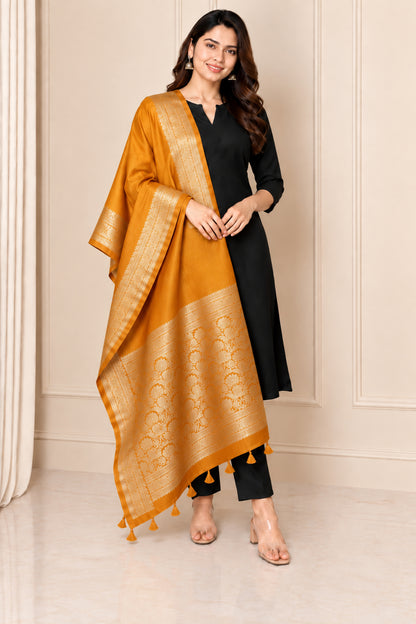 Plain Dyeing Dola Silk Dupatta With Full Nakshi Border & Tassels - 2.5 Mtr Length   -  SKU : AI15901C