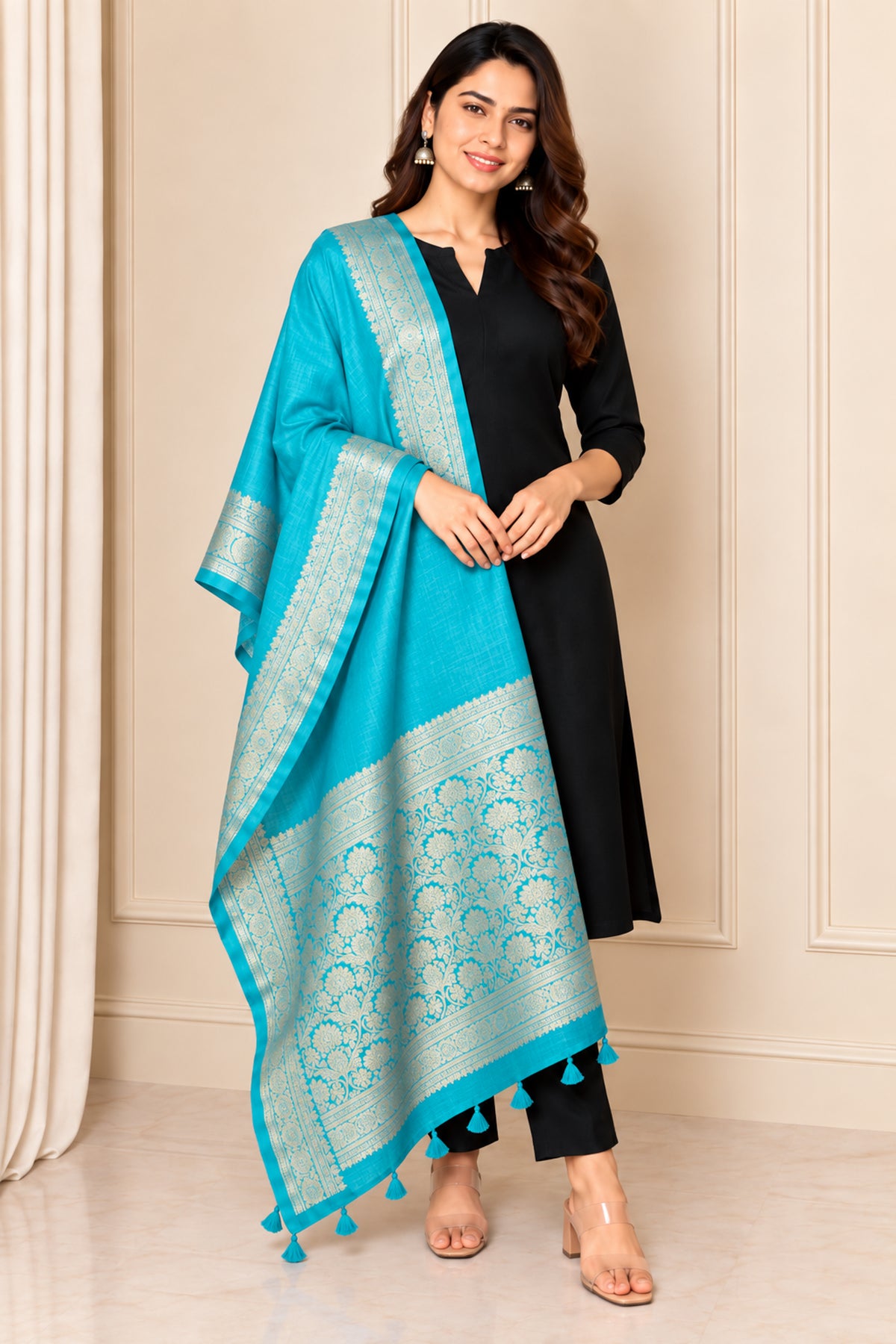 Plain Dyeing Dola Silk Dupatta With Full Nakshi Border & Tassels - 2.5 Mtr Length   -  SKU : AI15901J