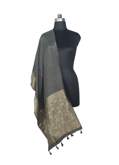 Plain Dyeing Dola Silk Dupatta With Full Nakshi Border & Tassels - 2.5 Mtr Length   -  SKU : AI15901F