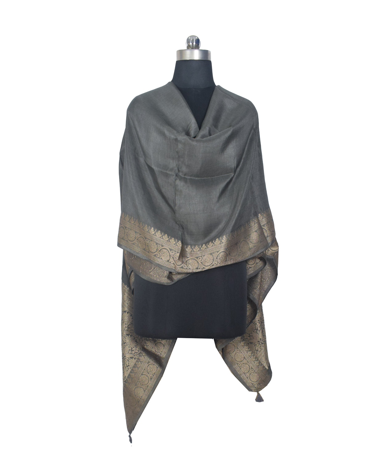 Plain Dyeing Dola Silk Dupatta With Full Nakshi Border & Tassels - 2.5 Mtr Length   -  SKU : AI15901F