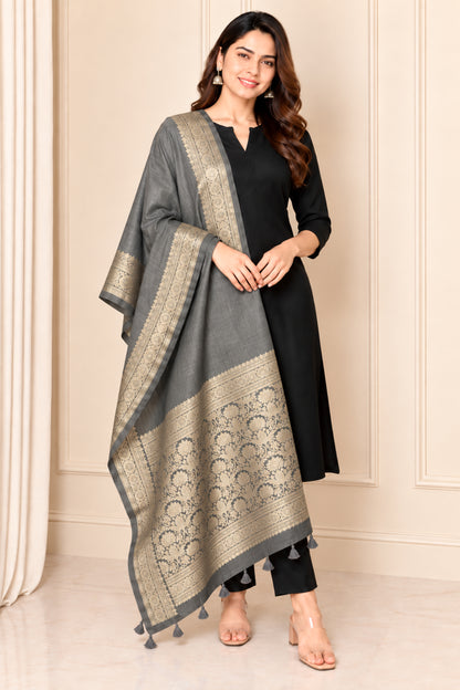 Plain Dyeing Dola Silk Dupatta With Full Nakshi Border & Tassels - 2.5 Mtr Length   -  SKU : AI15901F