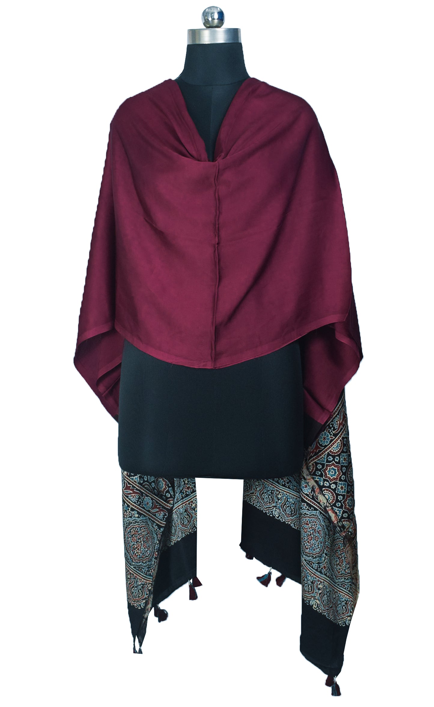 Ajrakh Modal Silk Part Natural Dye Half Plain Dyeing Hand Block Print Dupatta with Tassels - 2.5 Mtr Length    -  SKU : AI20104B