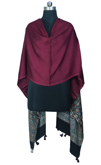 Ajrakh Modal Silk Part Natural Dye Half Plain Dyeing Hand Block Print Dupatta with Tassels - 2.5 Mtr Length    -  SKU : AI20104B