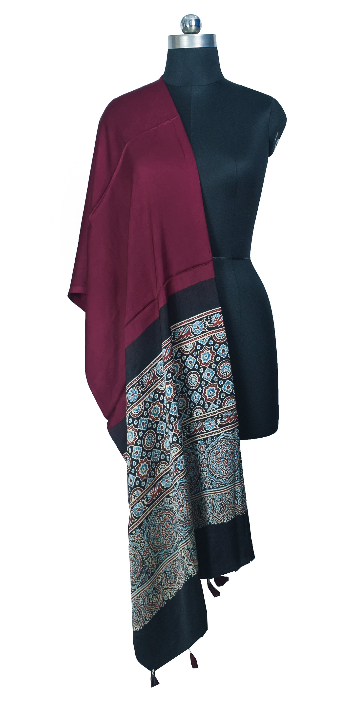 Ajrakh Modal Silk Part Natural Dye Half Plain Dyeing Hand Block Print Dupatta with Tassels - 2.5 Mtr Length    -  SKU : AI20104B