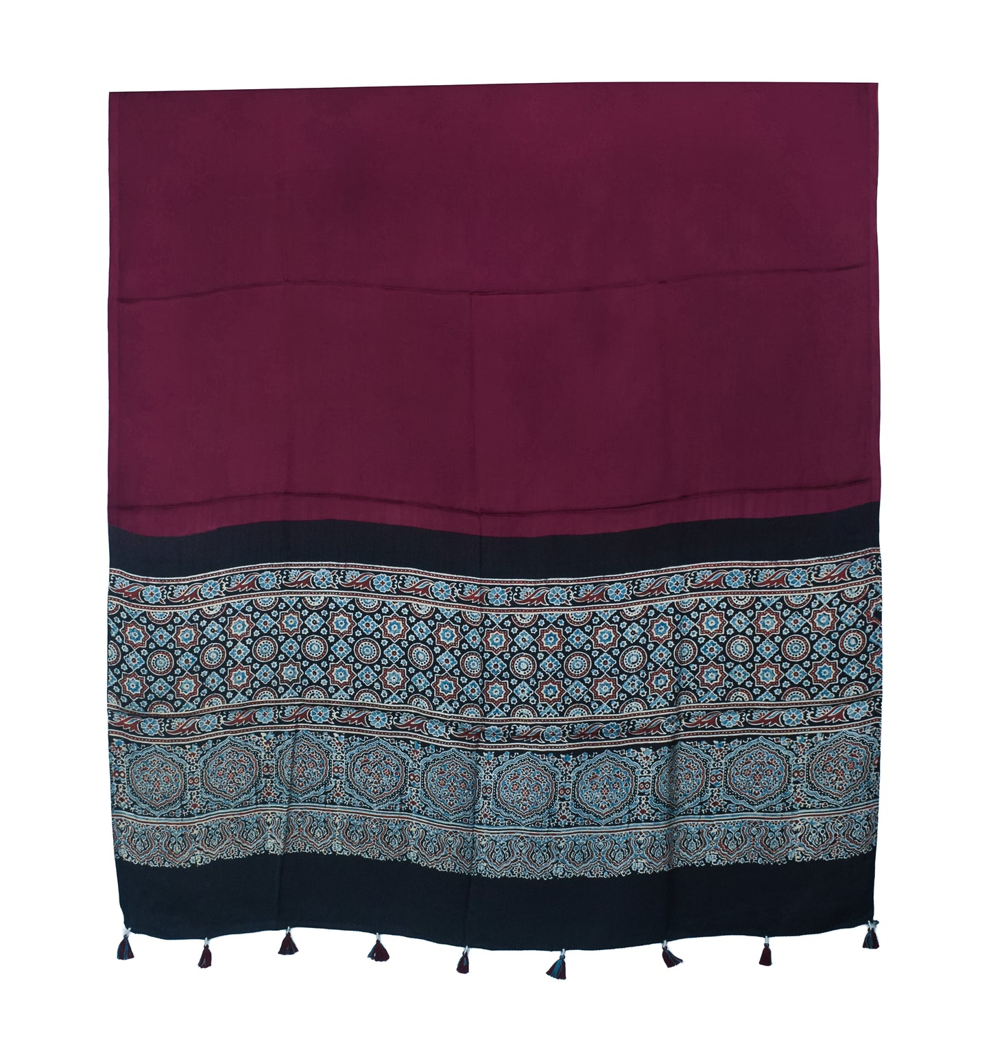Ajrakh Modal Silk Part Natural Dye Half Plain Dyeing Hand Block Print Dupatta with Tassels - 2.5 Mtr Length    -  SKU : AI20104B