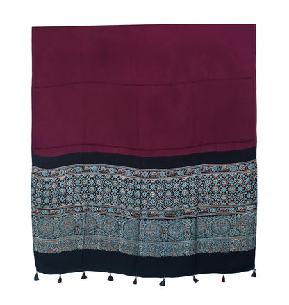 Ajrakh Modal Silk Part Natural Dye Half Plain Dyeing Hand Block Print Dupatta with Tassels - 2.5 Mtr Length    -  SKU : AI20104B