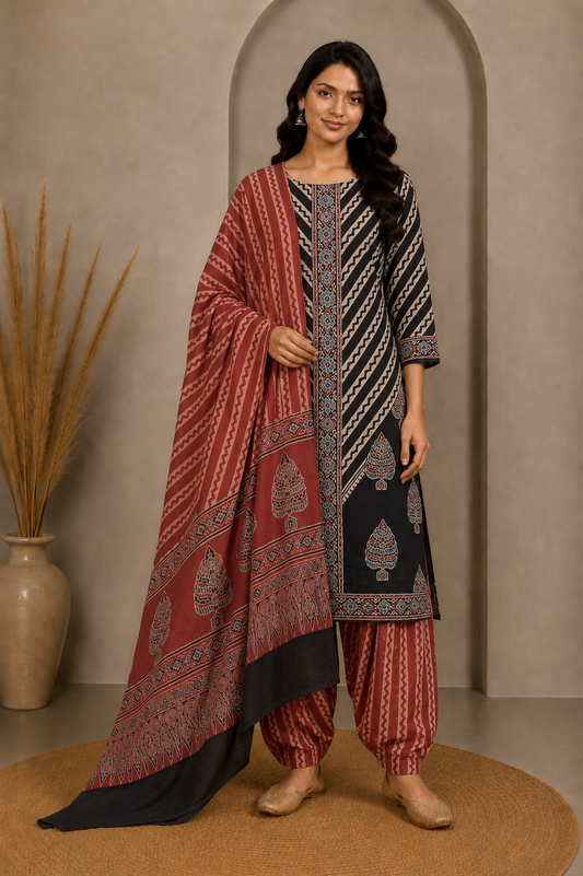 Ajrakh Cotton Natural Dye Three Colour Full Printed Hand Block Print Dress Material with 44 Inch wide Dupatta - 2.5 Mt Top    -  SKU : AI03501A