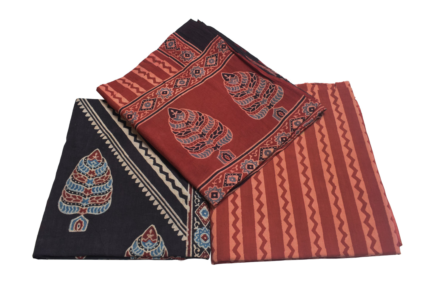 Ajrakh Cotton Natural Dye Three Colour Full Printed Hand Block Print Dress Material with 44 Inch wide Dupatta - 2.5 Mt Top    -  SKU : AI03501A