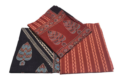 Ajrakh Cotton Natural Dye Three Colour Full Printed Hand Block Print Dress Material with 44 Inch wide Dupatta - 2.5 Mt Top    -  SKU : AI03501A