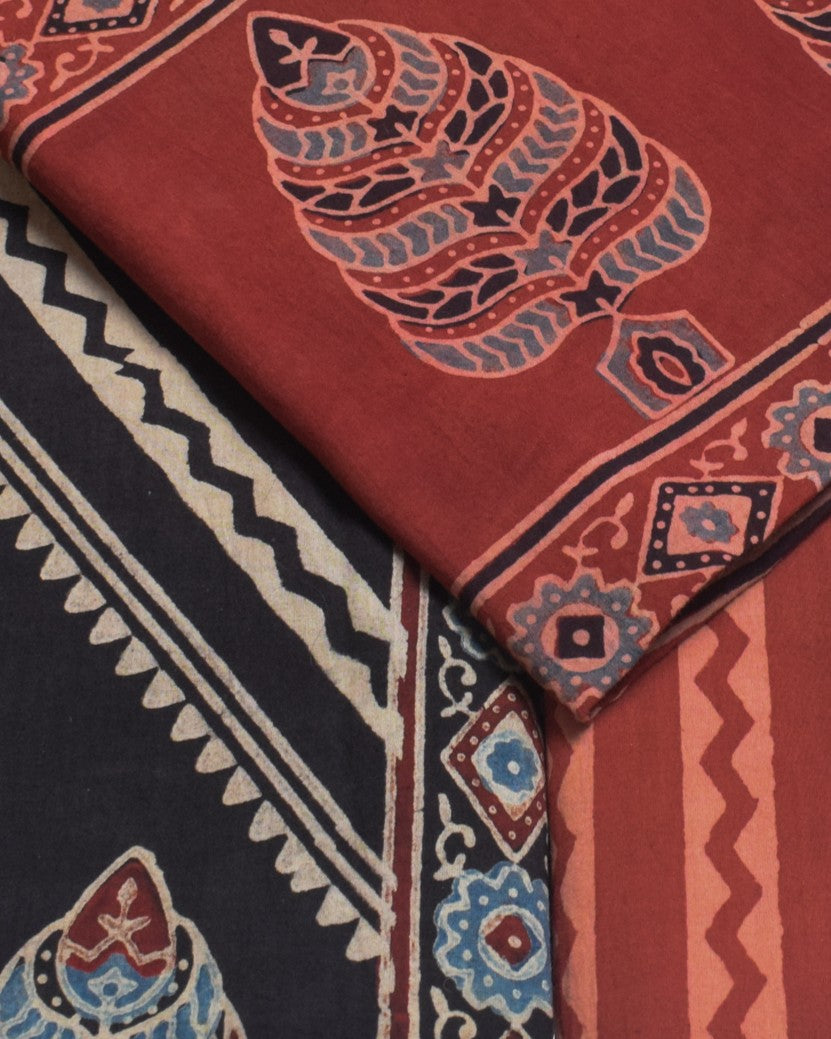 Ajrakh Cotton Natural Dye Three Colour Full Printed Hand Block Print Dress Material with 44 Inch wide Dupatta - 2.5 Mt Top    -  SKU : AI03501A