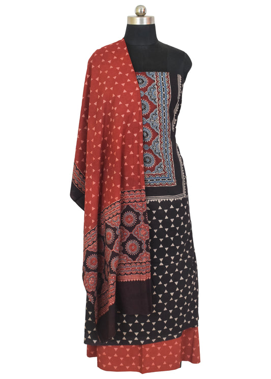 Ajrakh Cotton Natural Dye Three Colour Full Printed Hand Block Print Dress Material with 44 Inch wide Dupatta - 2.5 Mt Top    -  SKU : AI03501M