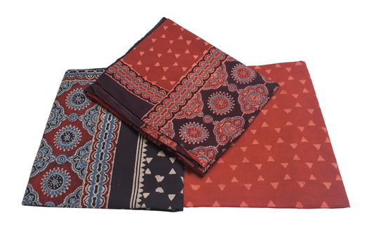 Ajrakh Cotton Natural Dye Three Colour Full Printed Hand Block Print Dress Material with 44 Inch wide Dupatta - 2.5 Mt Top    -  SKU : AI03501M