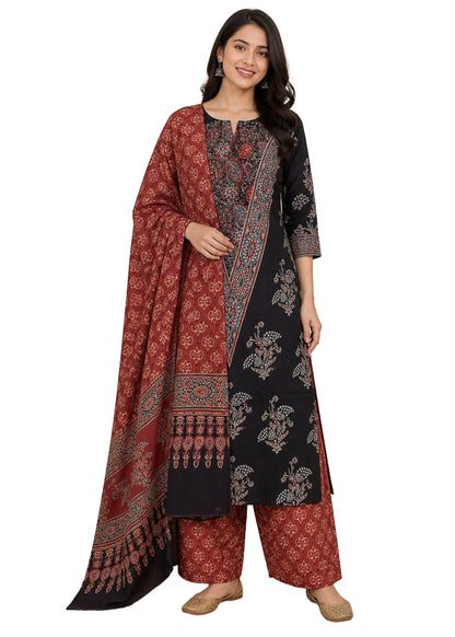 Ajrakh Cotton Natural Dye Three Colour Full Printed Hand Block Print Dress Material with 44 Inch wide Dupatta - 2.5 Mt Top    -  SKU : AI03501S