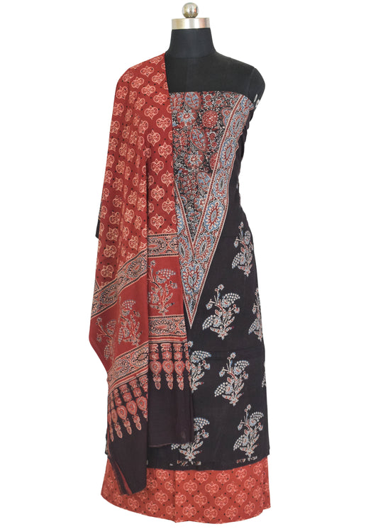 Ajrakh Cotton Natural Dye Three Colour Full Printed Hand Block Print Dress Material with 44 Inch wide Dupatta - 2.5 Mt Top    -  SKU : AI03501S