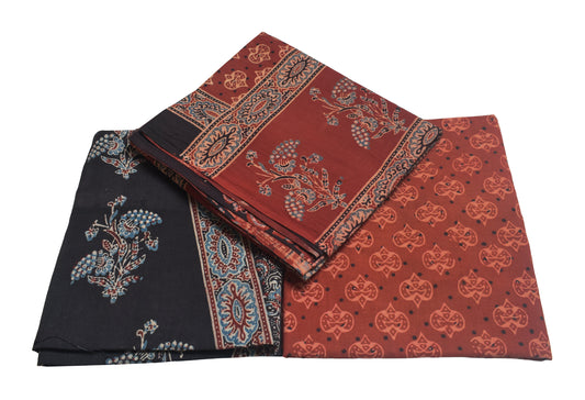 Ajrakh Cotton Natural Dye Three Colour Full Printed Hand Block Print Dress Material with 44 Inch wide Dupatta - 2.5 Mt Top    -  SKU : AI03501S