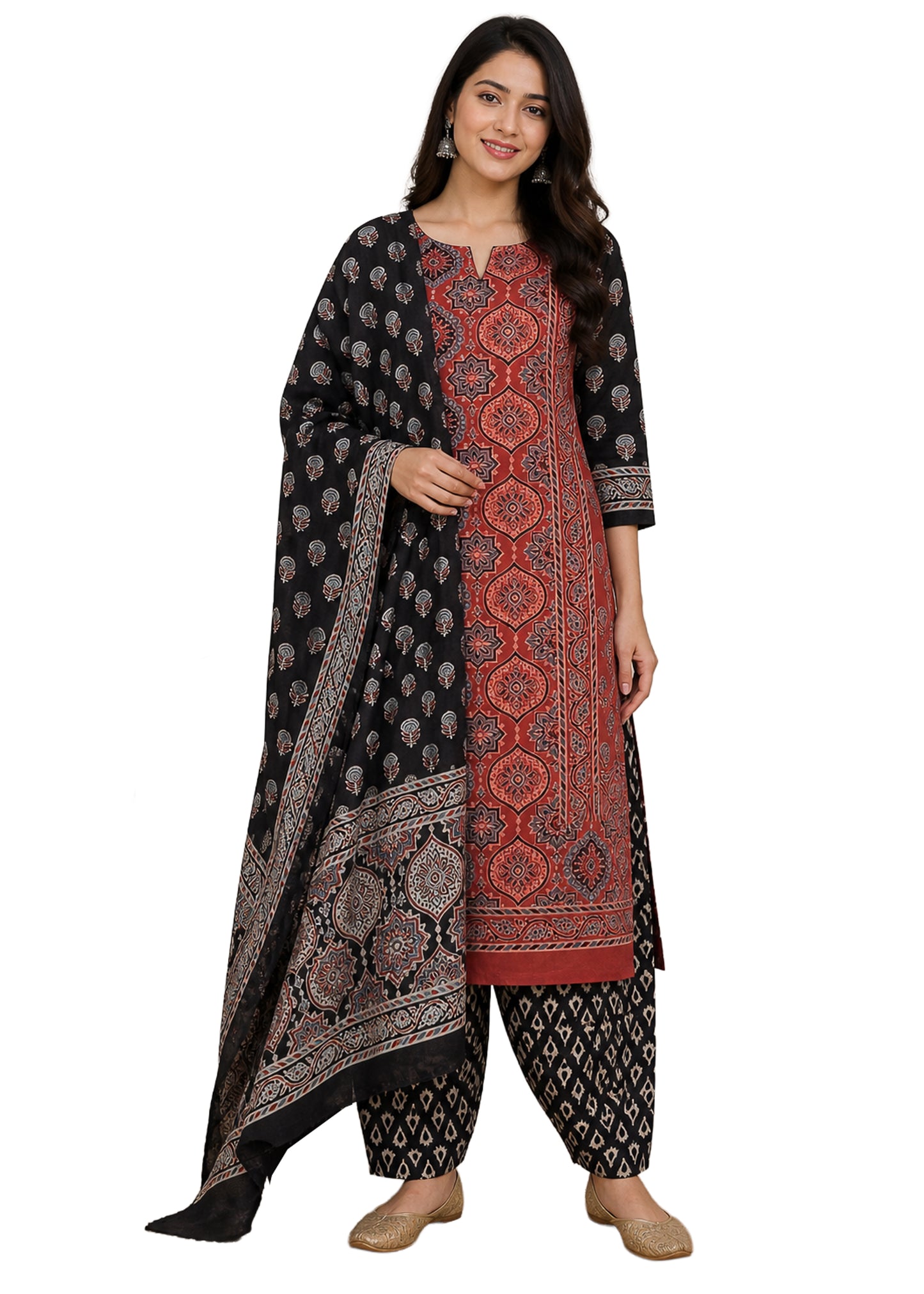 Ajrakh Cotton Natural Dye Three Colour Full Printed Hand Block Print Dress Material with 44 Inch wide Dupatta - 2.5 Mt Top    -  SKU : AI03501Y