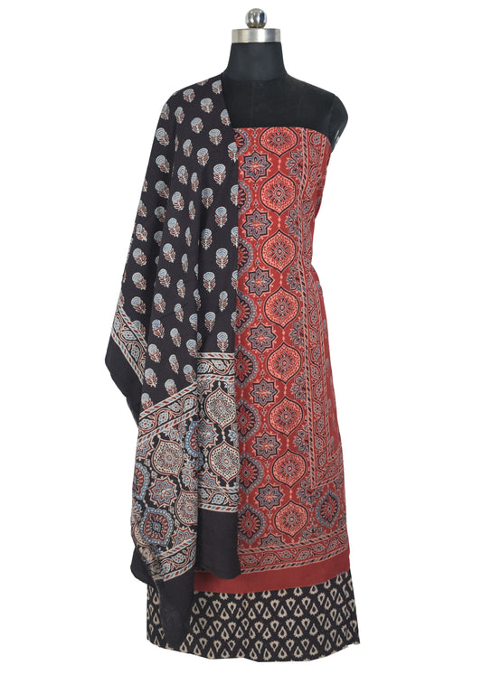 Ajrakh Cotton Natural Dye Three Colour Full Printed Hand Block Print Dress Material with 44 Inch wide Dupatta - 2.5 Mt Top    -  SKU : AI03501Y