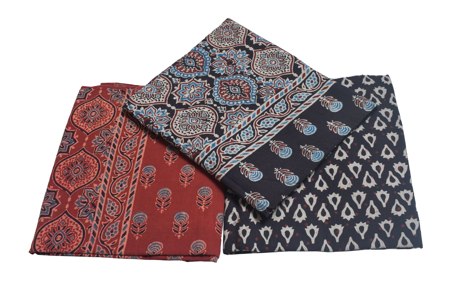 Ajrakh Cotton Natural Dye Three Colour Full Printed Hand Block Print Dress Material with 44 Inch wide Dupatta - 2.5 Mt Top    -  SKU : AI03501Y