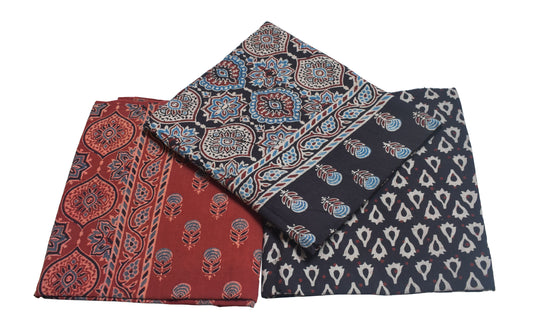 Ajrakh Cotton Natural Dye Three Colour Full Printed Hand Block Print Dress Material with 44 Inch wide Dupatta - 2.5 Mt Top    -  SKU : AI03501Y