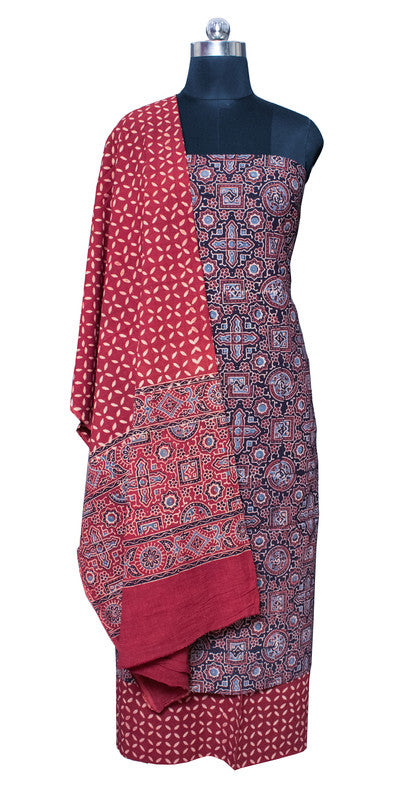 Ajrakh Cotton Natural Dye Three Colour Full Printed Hand Block Print Dress Material with 44 Inch wide Dupatta - 2.5 Mt Top    -  SKU : ID21401G