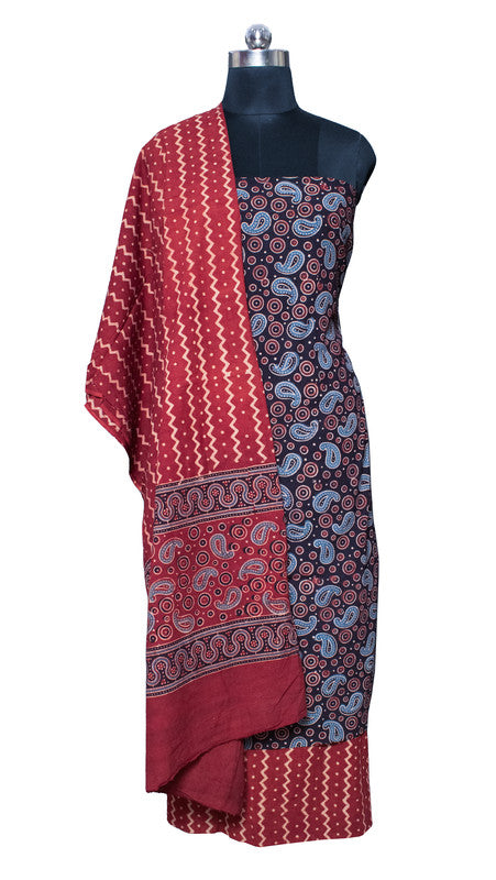 Ajrakh Cotton Natural Dye Three Colour Full Printed Hand Block Print Dress Material with 44 Inch wide Dupatta - 2.5 Mt Top    -  SKU : ID21401Q