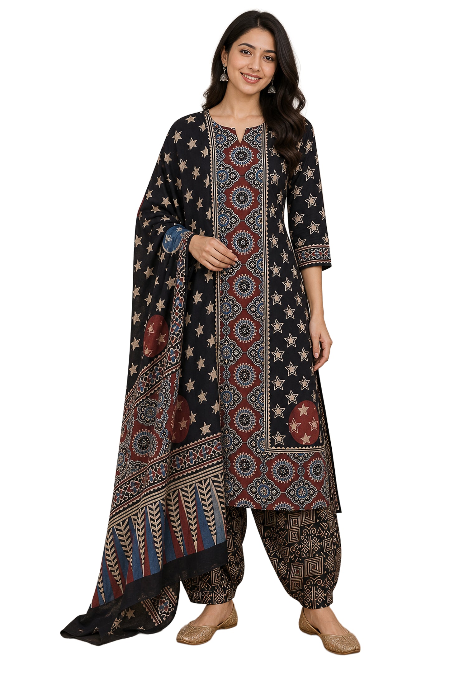 Ajrakh Cotton Natural Dye Three Colour Full Printed Hand Block Print Dress Material with 44 Inch wide Dupatta - 2.5 Mt Top    -  SKU : ID26501H