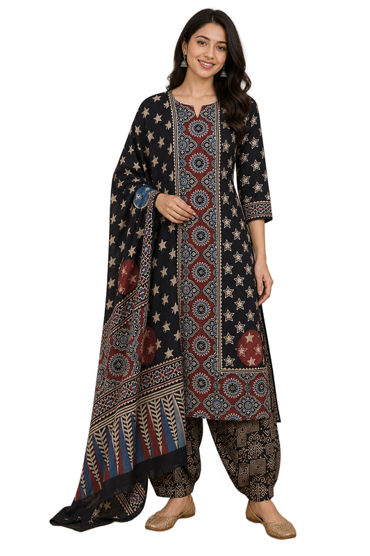 Ajrakh Cotton Natural Dye Three Colour Full Printed Hand Block Print Dress Material with 44 Inch wide Dupatta - 2.5 Mt Top    -  SKU : ID26501H