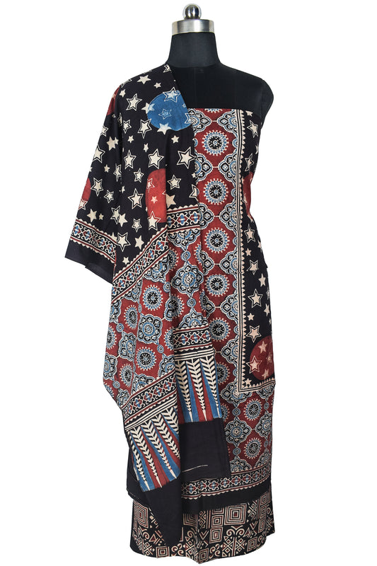 Ajrakh Cotton Natural Dye Three Colour Full Printed Hand Block Print Dress Material with 44 Inch wide Dupatta - 2.5 Mt Top    -  SKU : ID26501H