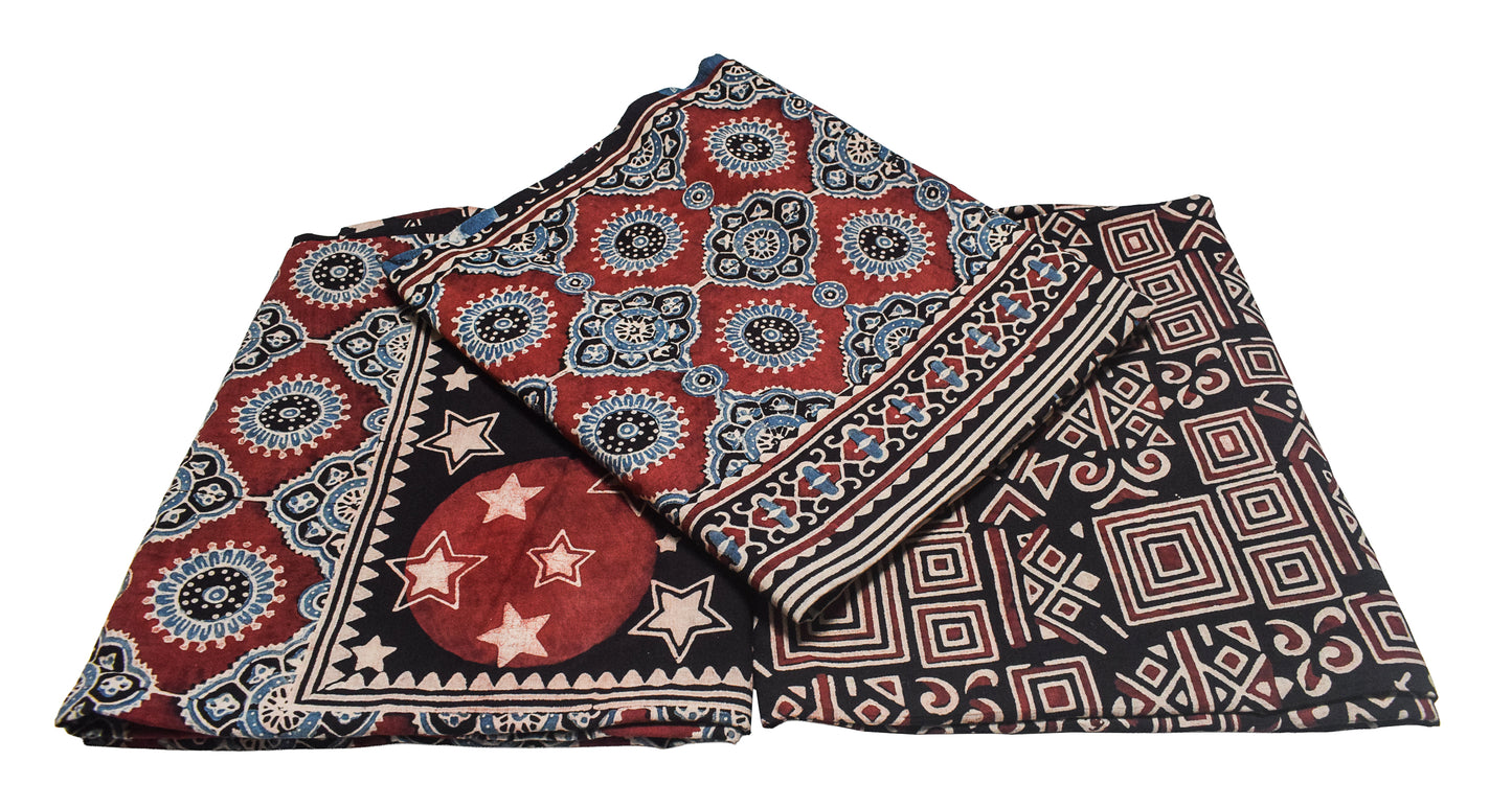 Ajrakh Cotton Natural Dye Three Colour Full Printed Hand Block Print Dress Material with 44 Inch wide Dupatta - 2.5 Mt Top    -  SKU : ID26501H