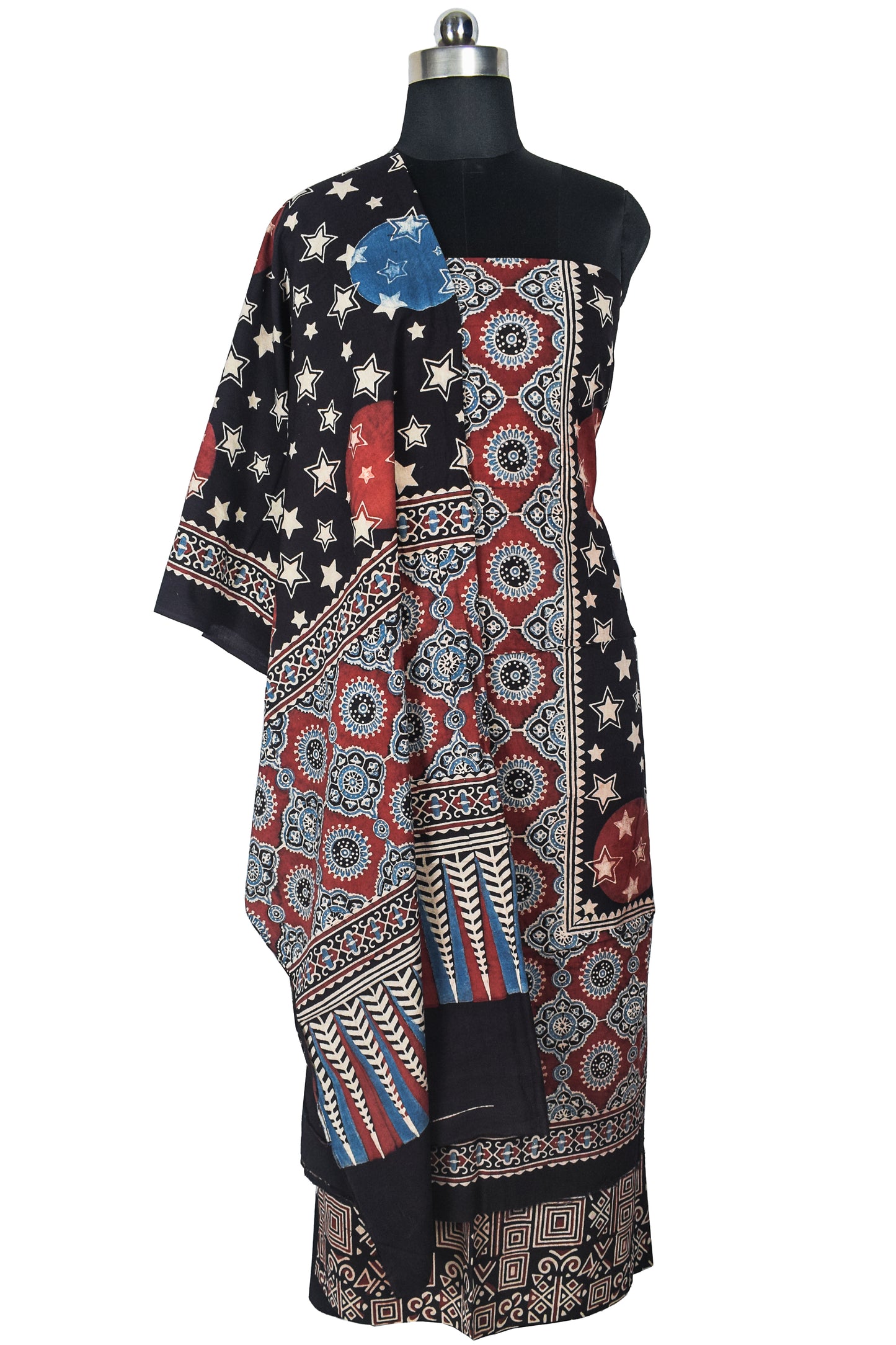Ajrakh Cotton Natural Dye Three Colour Full Printed Hand Block Print Dress Material with 44 Inch wide Dupatta - 2.5 Mt Top    -  SKU : ID26501H