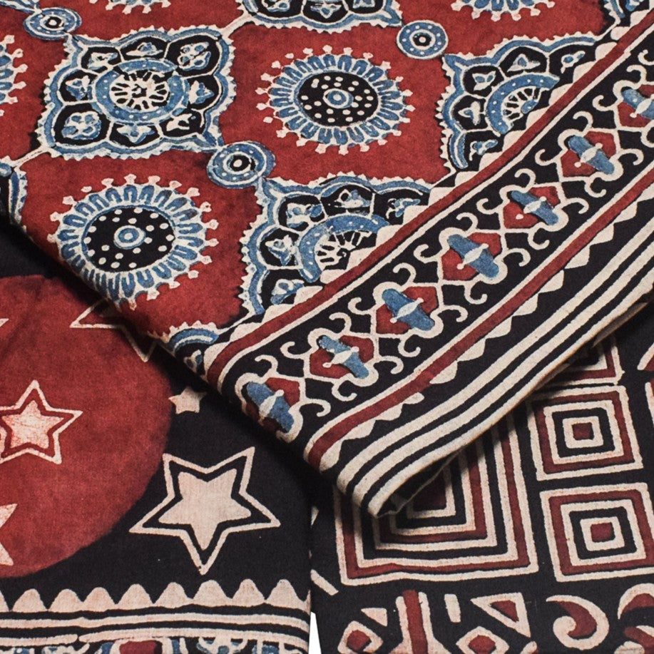 Ajrakh Cotton Natural Dye Three Colour Full Printed Hand Block Print Dress Material with 44 Inch wide Dupatta - 2.5 Mt Top    -  SKU : ID26501H
