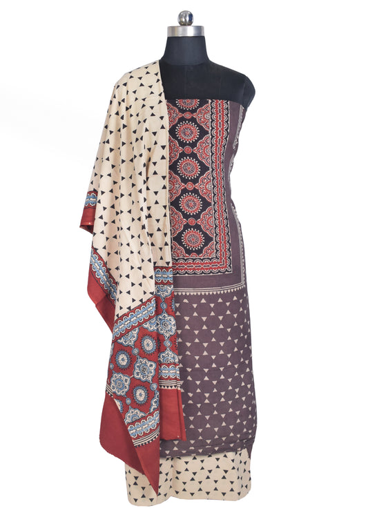 Ajrakh Cotton Natural Dye Three Colour Full Printed Hand Block Print Dress Material with 44 Inch wide Dupatta - 2.5 Mt Top    -  SKU : AI03501P