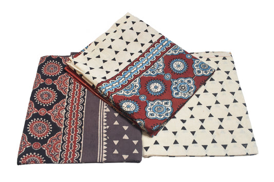 Ajrakh Cotton Natural Dye Three Colour Full Printed Hand Block Print Dress Material with 44 Inch wide Dupatta - 2.5 Mt Top    -  SKU : AI03501P