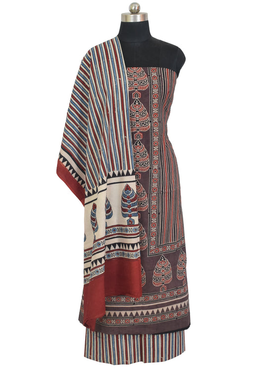 Ajrakh Cotton Natural Dye Three Colour Full Printed Hand Block Print Dress Material with 44 Inch wide Dupatta - 2.5 Mt Top    -  SKU : AI0350AB