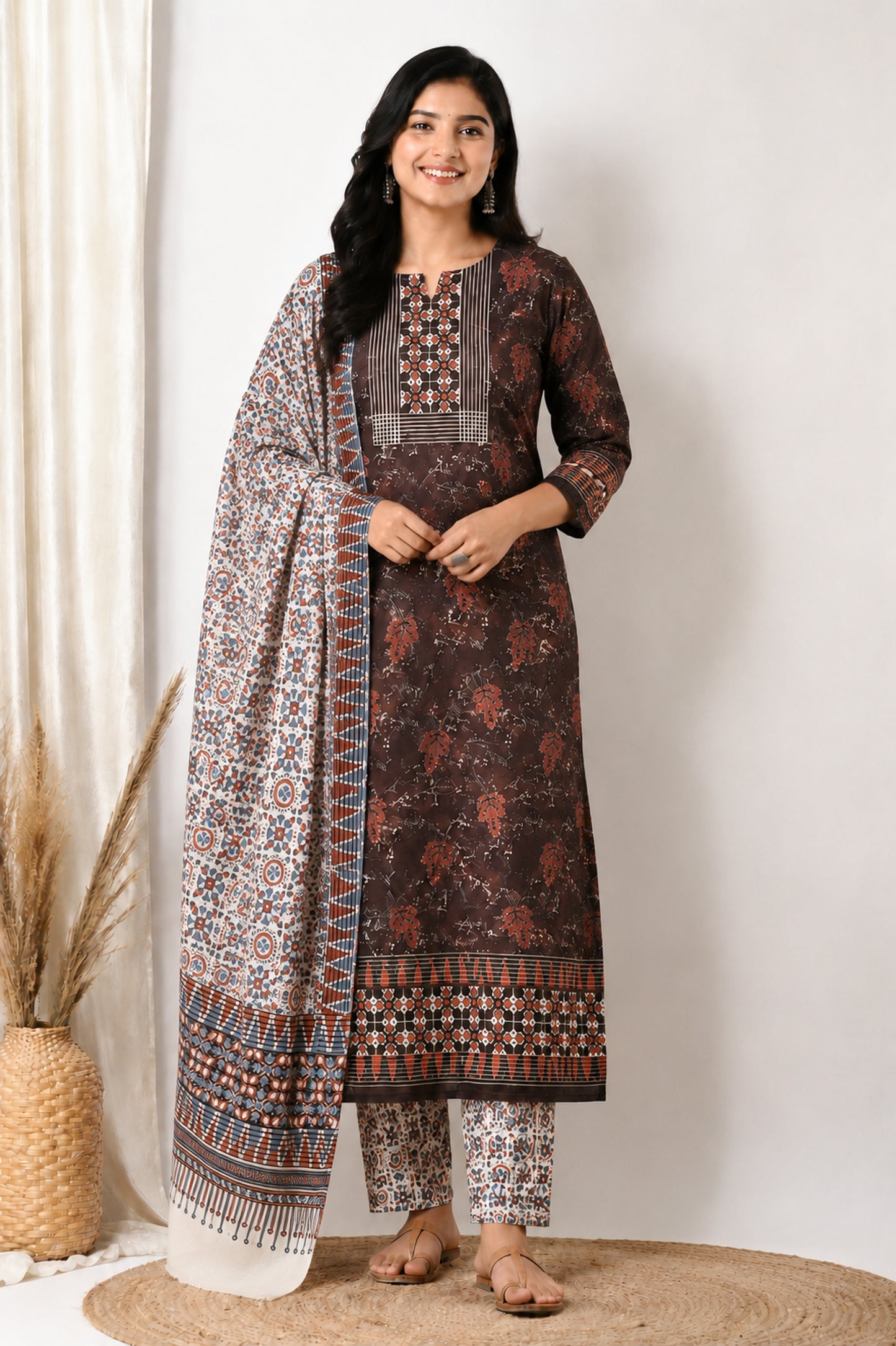 Ajrakh Cotton Natural Dye Three Colour Print | 3 Kam | Hand Block Print Dress Material with 44 Inch wide Dupatta - 2.5 Mt Top   -  SKU : AI03701M