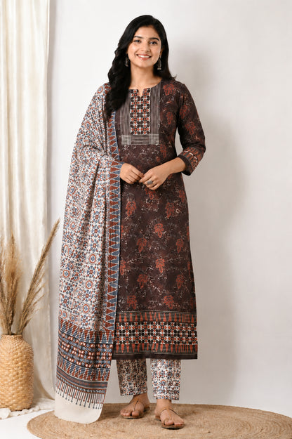 Ajrakh Cotton Natural Dye Three Colour Print | 3 Kam | Hand Block Print Dress Material with 44 Inch wide Dupatta - 2.5 Mt Top   -  SKU : AI03701M