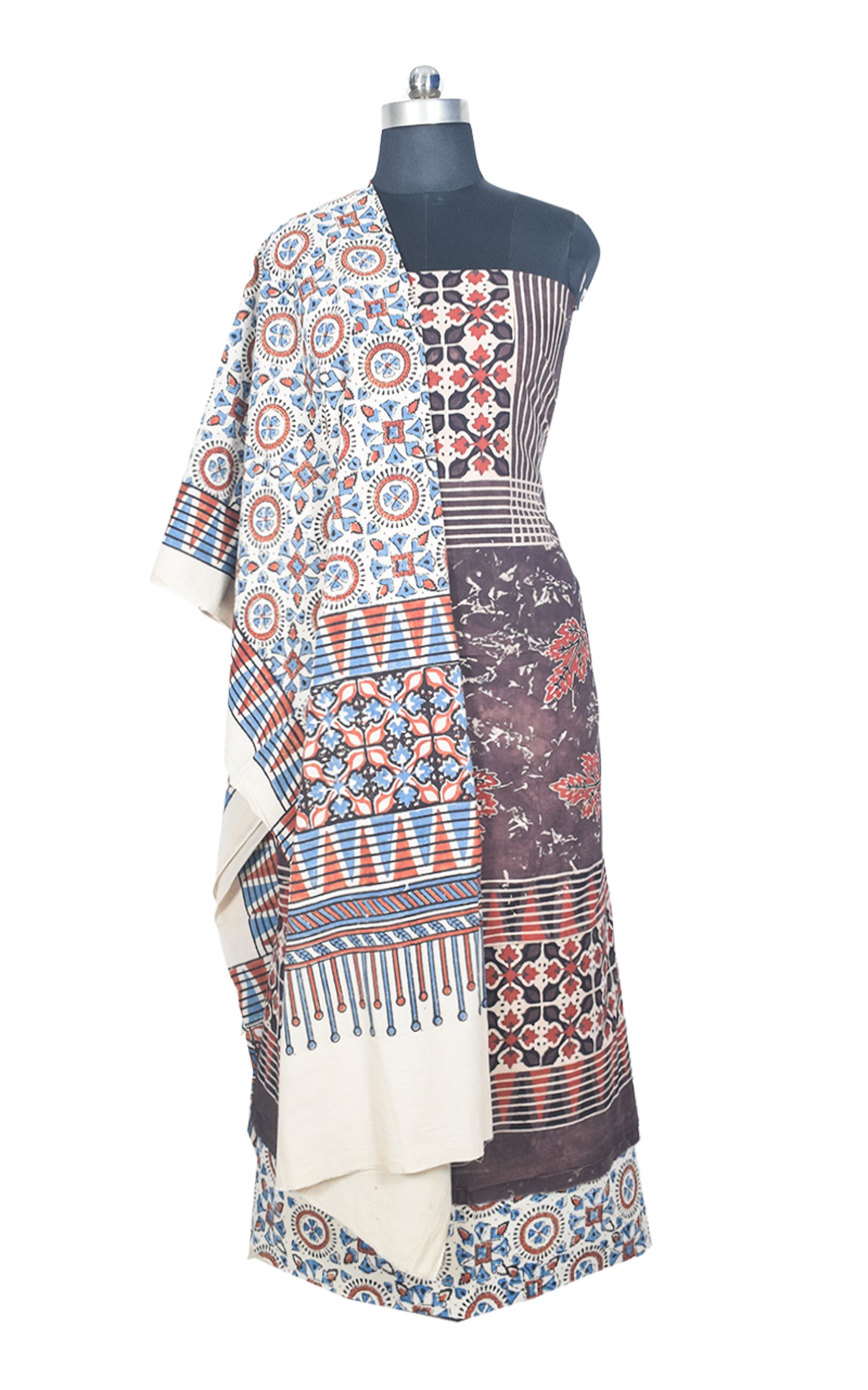 Ajrakh Cotton Natural Dye Three Colour Print | 3 Kam | Hand Block Print Dress Material with 44 Inch wide Dupatta - 2.5 Mt Top   -  SKU : AI03701M