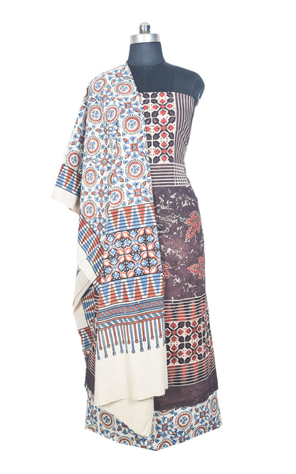 Ajrakh Cotton Natural Dye Three Colour Print | 3 Kam | Hand Block Print Dress Material with 44 Inch wide Dupatta - 2.5 Mt Top   -  SKU : AI03701M