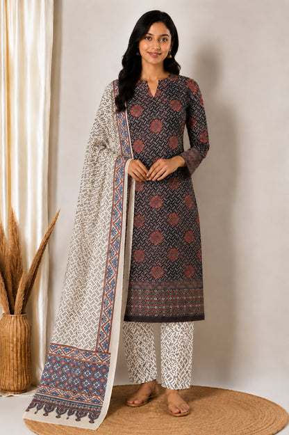 Ajrakh Cotton Natural Dye Three Colour Print | 3 Kam | Hand Block Print Dress Material with 44 Inch wide Dupatta - 2.5 Mt Top   -  SKU : AI03701N