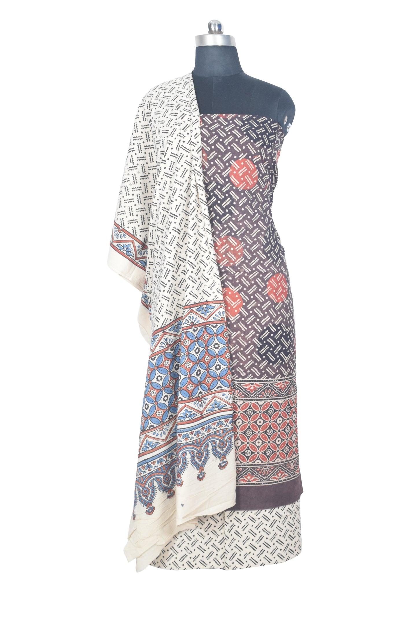 Ajrakh Cotton Natural Dye Three Colour Print | 3 Kam | Hand Block Print Dress Material with 44 Inch wide Dupatta - 2.5 Mt Top   -  SKU : AI03701N