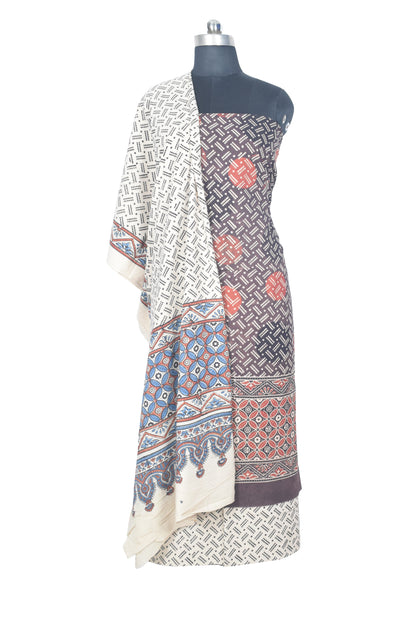 Ajrakh Cotton Natural Dye Three Colour Print | 3 Kam | Hand Block Print Dress Material with 44 Inch wide Dupatta - 2.5 Mt Top   -  SKU : AI03701N