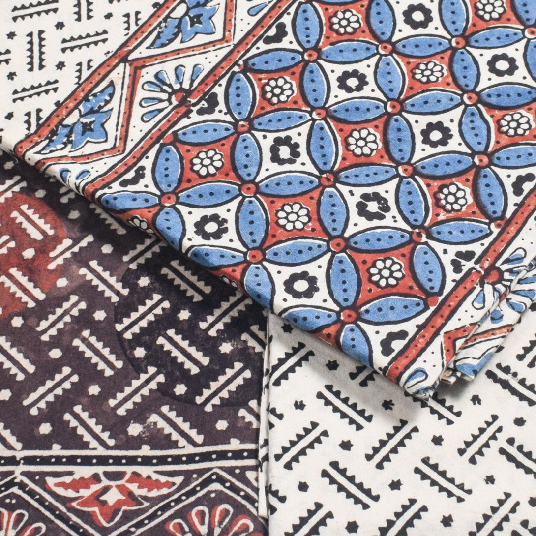 Ajrakh Cotton Natural Dye Three Colour Print | 3 Kam | Hand Block Print Dress Material with 44 Inch wide Dupatta - 2.5 Mt Top   -  SKU : AI03701N