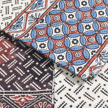 Ajrakh Cotton Natural Dye Three Colour Print | 3 Kam | Hand Block Print Dress Material with 44 Inch wide Dupatta - 2.5 Mt Top   -  SKU : AI03701N