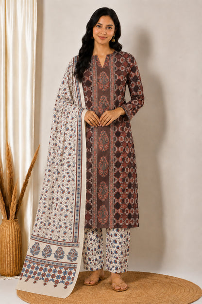 Ajrakh Cotton Natural Dye Three Colour Print | 3 Kam | Hand Block Print Dress Material with 44 Inch wide Dupatta - 2.5 Mt Top   -  SKU : AI03701O